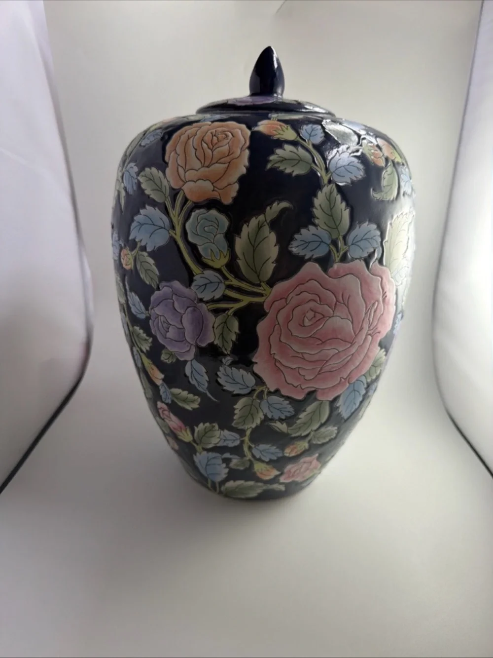 Vintage Chinese Ginger Jar with Lid Chinoiserie Flowers Large 12”